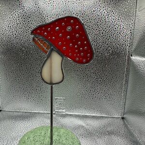 Red and White Mushroom Stained Glass Decor plant stick.